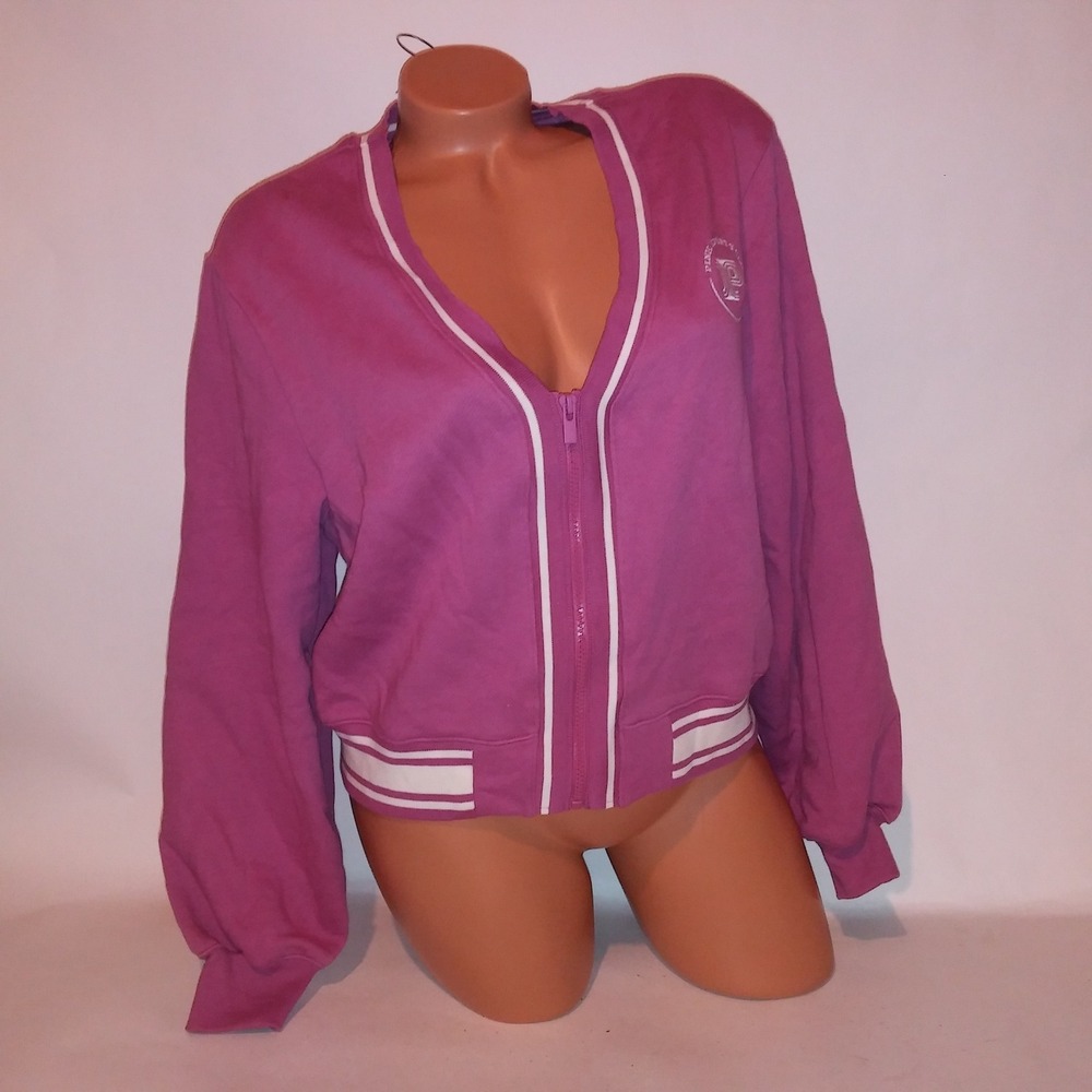 Victoria Secret PINK Sweater Cardigan XL Pink White Button Up Logo Sweatshirt